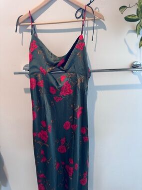 HELLO MOLLY Forest Green Slip Dress with Red Floral Accents